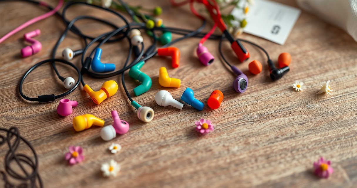 A vibrant scene of colorful earbuds in various styles and designs, artistically arranged on a textured wooden surface, surrounded by playful elements like music notes and small flowers, with a soft, dreamy background that hints at a cozy, inviting atmosphere, evoking the joy of music and comfort.