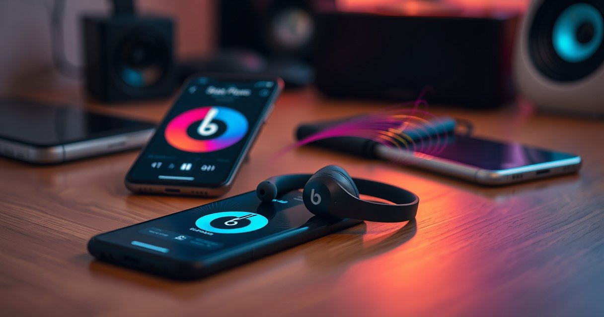 A close-up of sleek Beats earbuds resting on a wooden table, surrounded by colorful soundwaves swirling around them. A smartphone displays a vibrant pairing screen, while soft ambient lighting creates a cozy atmosphere. In the background, blurred tech gadgets hint at a modern lifestyle, emphasizing connectivity and music enjoyment.