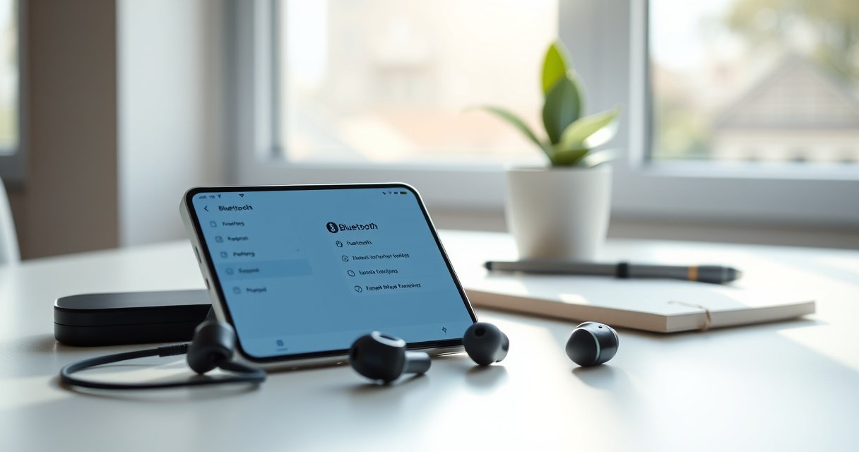 A bright, modern workspace featuring a sleek iPhone displaying the Bluetooth settings screen, surrounded by stylish wireless earbuds. Soft morning light filters through a window, illuminating a minimalistic desk with a potted plant and a notebook, creating a tech-savvy yet inviting atmosphere.