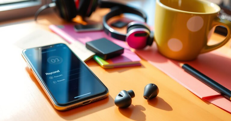 A sleek pair of Raycon earbuds resting on a vibrant, modern workspace, surrounded by a smartphone displaying Bluetooth settings, colorful notes, and a cozy coffee cup. Soft natural light filters through a nearby window, highlighting the earbuds' smooth design, while hints of tech gadgets and headphones in the background create an engaging atmosphere.