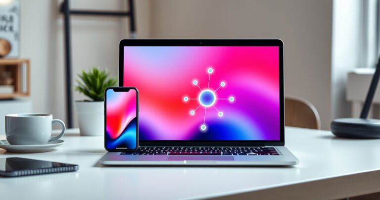A sleek modern laptop displaying a vibrant iPhone screen mirroring its interface, set against a stylish workspace. The background features soft, ambient lighting, a minimalist desk with a potted plant and a coffee cup, while a digital connection symbol glows subtly between the devices, illustrating seamless technology integration and productivity.