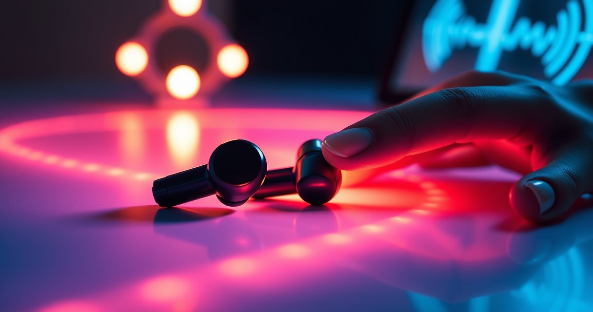 A close-up of sleek, modern earbuds resting on a vibrant, illuminated background, surrounded by subtle tech-themed elements like Bluetooth symbols and glowing waveforms, with a hand gently pressing a button on one earbud, creating a sense of anticipation and connection in a stylish, minimalist setting.