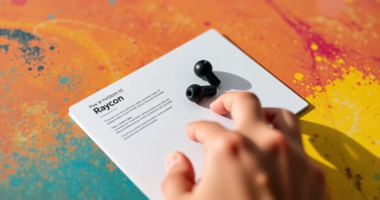 A close-up of sleek Raycon earbuds resting on a vibrant, textured background, accompanied by a bright, open instruction booklet. Soft light highlights the earbuds’ modern design, while a hand reaches out to touch the booklet. The scene evokes a sense of clarity and simplicity, perfect for a tech how-to guide.