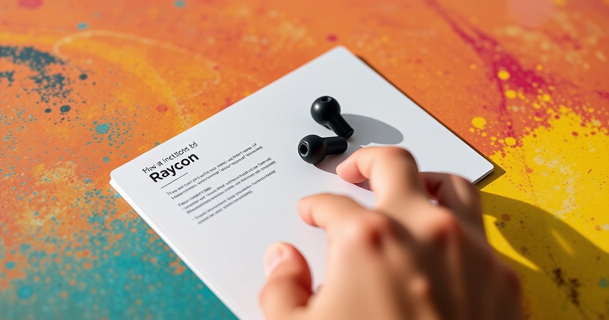 A close-up of sleek Raycon earbuds resting on a vibrant, textured background, accompanied by a bright, open instruction booklet. Soft light highlights the earbuds’ modern design, while a hand reaches out to touch the booklet. The scene evokes a sense of clarity and simplicity, perfect for a tech how-to guide.