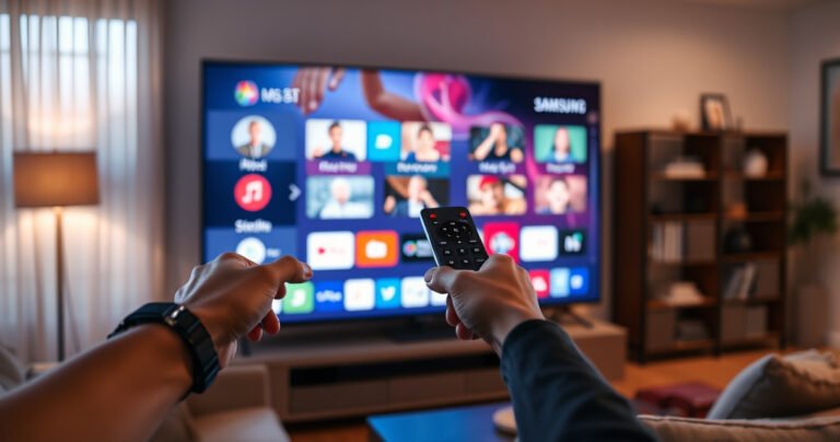 A sleek Samsung Smart TV glowing in a modern living room, an intuitive interface displaying vibrant app icons. A hand reaches towards the remote, with a focused expression, surrounded by cozy furniture and soft lighting, hinting at the ease of technology. The scene captures a seamless blend of innovation and comfort in everyday life.
