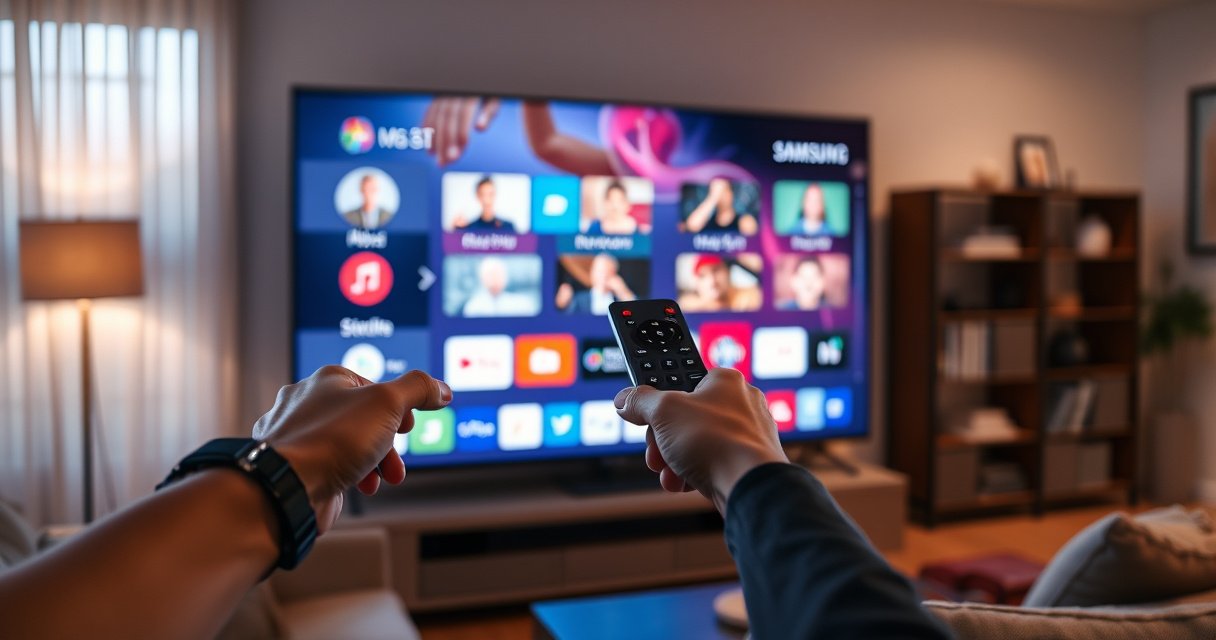 A sleek Samsung Smart TV glowing in a modern living room, an intuitive interface displaying vibrant app icons. A hand reaches towards the remote, with a focused expression, surrounded by cozy furniture and soft lighting, hinting at the ease of technology. The scene captures a seamless blend of innovation and comfort in everyday life.