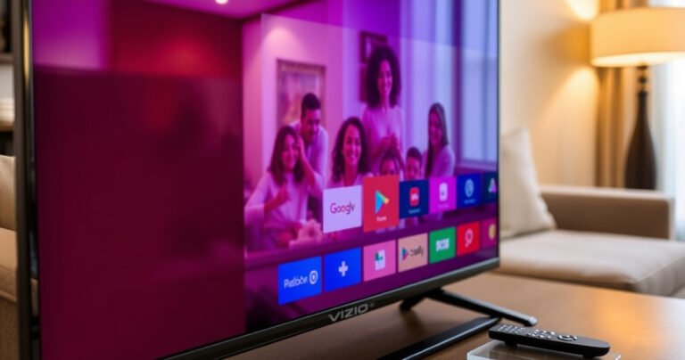 A close-up of a sleek Vizio Smart TV displaying a vibrant, user-friendly interface with colorful icons, surrounded by a cozy living room setting featuring a plush sofa, warm lighting, and a table with a remote control. Soft reflections of family moments are visible on the screen, symbolizing connectivity and modern technology.