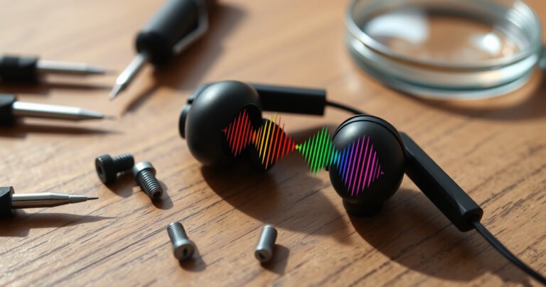 A close-up of a disassembled pair of earbuds on a wooden table, surrounded by tiny tools like precision screwdrivers and a magnifying glass, with colorful sound waves emanating from the earbuds, showcasing the concept of troubleshooting. Soft natural light casts shadows, emphasizing the intricate details and inviting the viewer to explore the repair process.