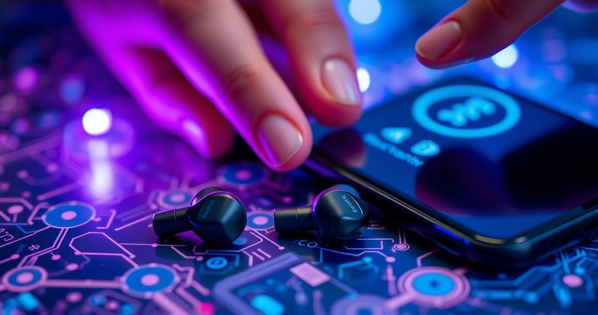 A close-up of sleek Samsung earbuds resting on a vibrant, tech-themed background, surrounded by glowing Bluetooth symbols and a smartphone displaying a pairing screen. Soft blue and purple lights illuminate the scene, highlighting the earbuds' modern design, while a hand reaches towards the phone, symbolizing connection and technology in harmony.