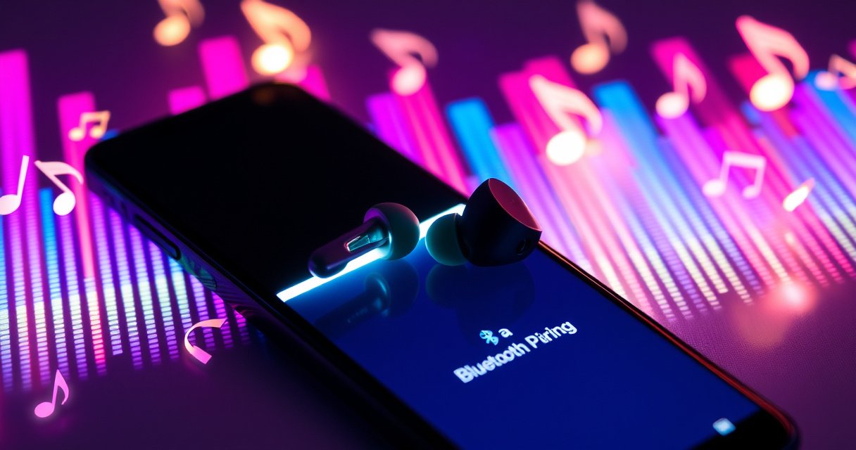 A sleek pair of Skullcandy wireless earbuds resting on a vibrant, multicolored soundwave background, with glowing musical notes swirling around them. The earbuds are partially illuminated by a soft, ambient light, showcasing their modern design, while a smartphone nearby displays a Bluetooth pairing screen, creating an inviting atmosphere for tech enthusiasts.