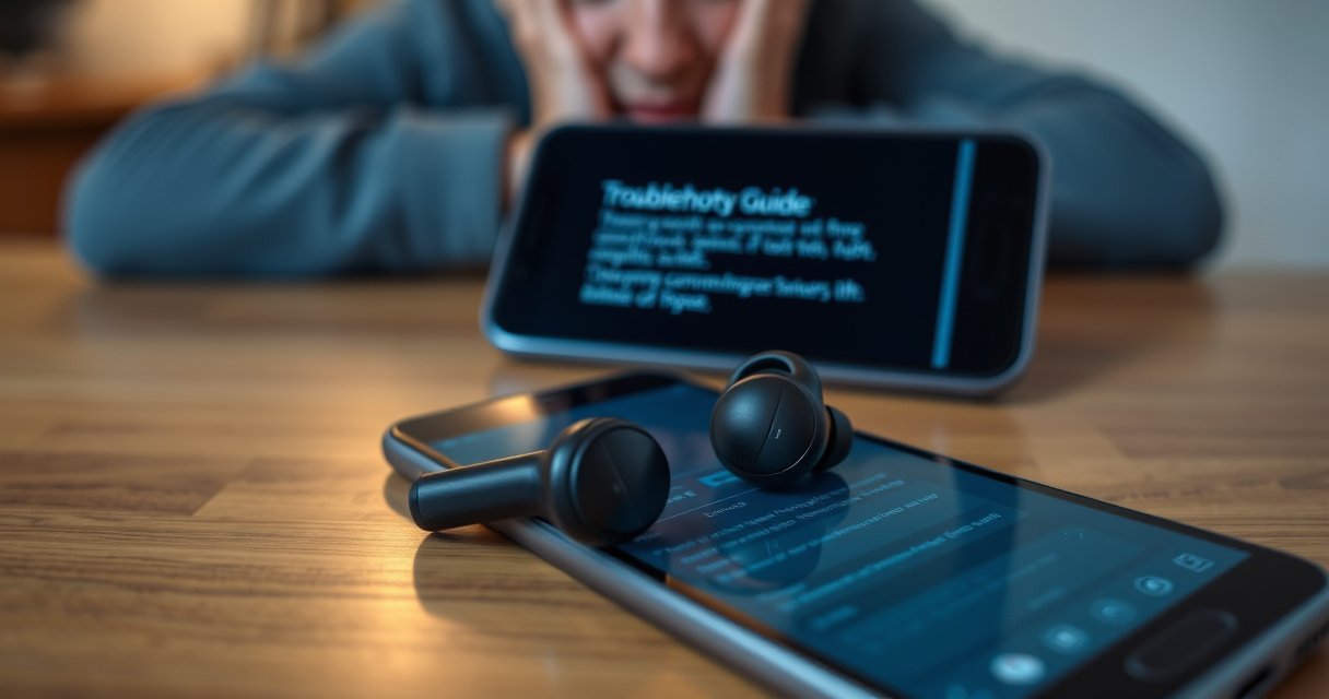 A close-up of sleek, modern wireless earbuds resting on a wooden table, surrounded by a smartphone displaying a troubleshooting guide. Soft, ambient lighting highlights the earbuds' glossy finish, while a faint outline of a frustrated user is blurred in the background, hinting at the connection issues being resolved.