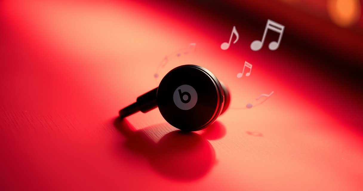 A close-up of sleek, modern Beats earbuds resting on a vibrant, neon-colored background. Light reflects off their polished surface, creating an energetic vibe. Surrounding them are subtle hints of sound waves and music notes in the air, symbolizing connectivity and rhythm, inviting the viewer to discover the joy of turning them on.