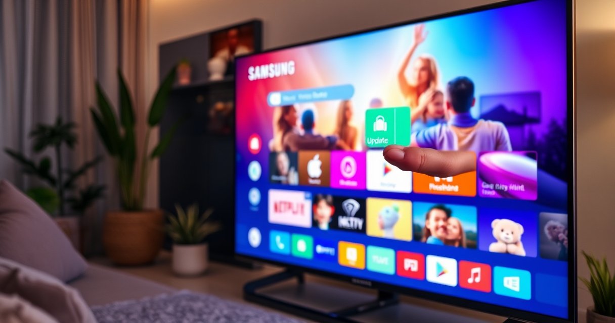 A modern Samsung Smart TV displaying a vibrant, colorful app interface, with a close-up of a finger tapping the "Update" button. The living room is cozy, featuring soft lighting, a plush sofa, and decorative plants. Reflections on the TV screen hint at a family enjoying a movie night, blending technology and togetherness.