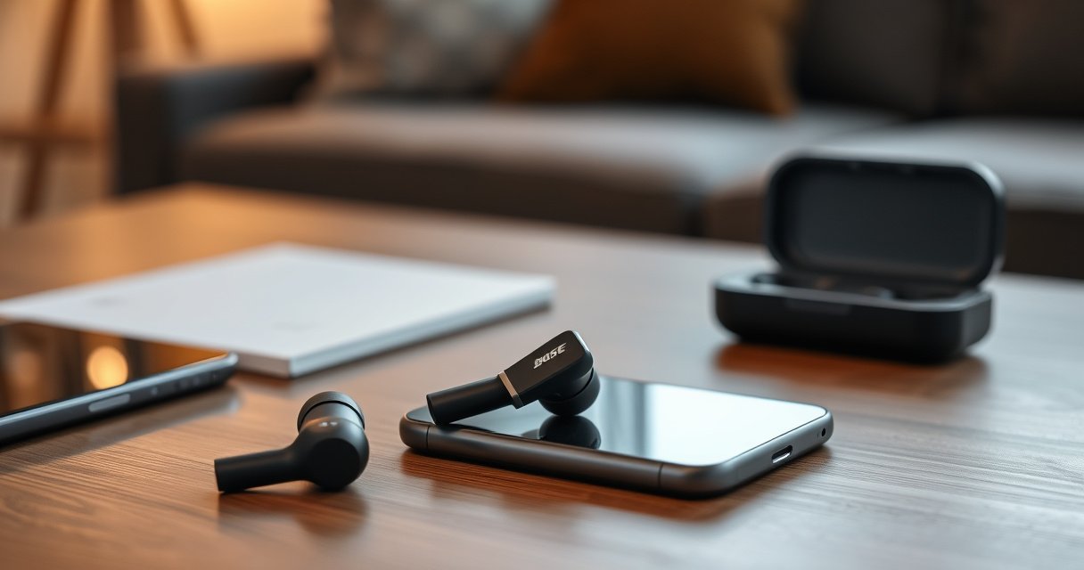 A sleek pair of Bose earbuds resting elegantly on a minimalist wooden table, surrounded by subtle tech accessories like a smartphone and a charging case. Soft ambient lighting highlights the earbuds’ glossy finish, while a blurred background hints at a cozy living room setting, evoking a sense of comfort and high-tech lifestyle.