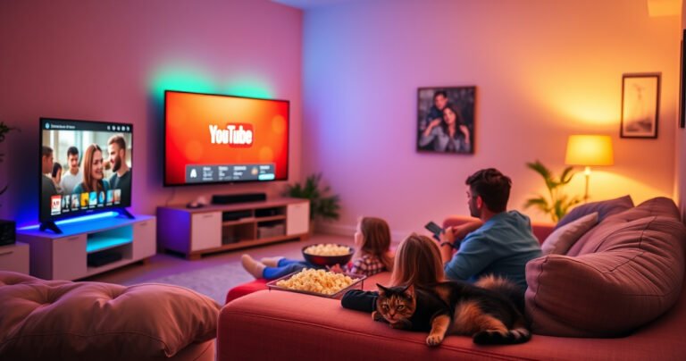 A cozy living room bathed in warm light, featuring a large smart TV displaying the YouTube interface. A family is gathered on a plush sofa, a bowl of popcorn in hand, and colorful LED lights illuminating the room. A cat lounges nearby, adding a touch of homeliness to this modern entertainment setup.