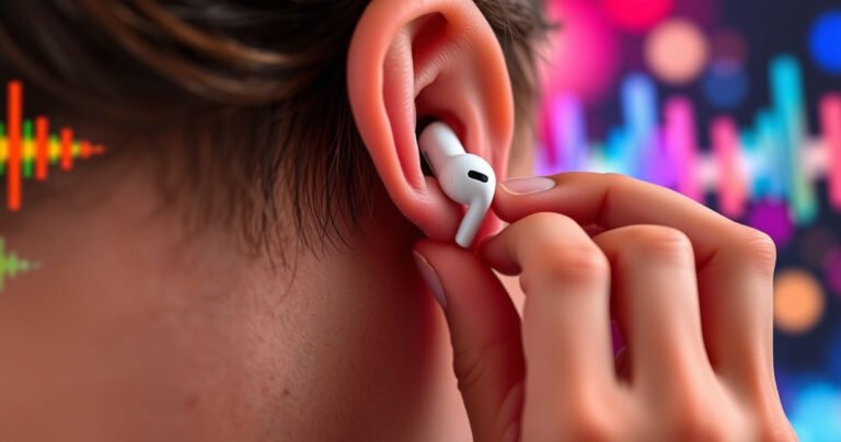 A close-up of a person’s hands delicately adjusting sleek white Apple earbuds in their ears, surrounded by a vibrant backdrop of colorful audio waves and sound visuals, showcasing the perfect fit. The scene radiates a sense of modern technology and personal connection, highlighting the ease of use and stylish design of the earbuds.