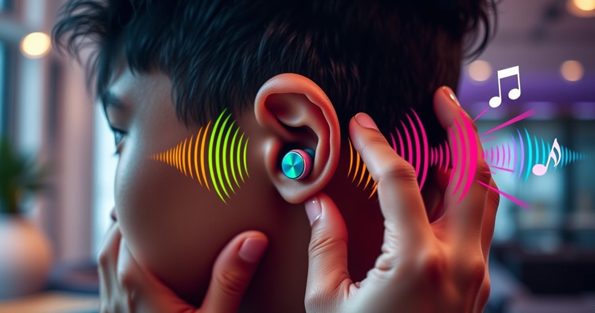 A close-up of vibrant, stylish earbuds nestled in a person's ear, surrounded by colorful sound waves radiating outward. The backdrop features a relaxed, modern environment with soft lighting, highlighting the connection between technology and personal expression. Hands gently adjust the earbuds, emphasizing comfort and fit, while a subtle hint of musical notes floats nearby.