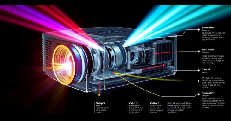 An intricate digital projector dissected in layers, showcasing its inner components like lenses, prisms, and light sources. Bright beams of colored light emerge from the projector, illuminating a detailed infographic background that illustrates the step-by-step process of image projection, with arrows and labels guiding the viewer through the technology's inner workings.