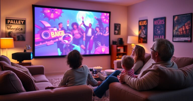 A cozy living room setting with a vibrant home projector casting a colorful movie scene onto a blank wall, surrounded by plush sofas, popcorn bowls, and soft lighting. The room is decorated with posters of classic films, and a curious child gazes in wonder, while parents relax, showcasing the joy of home entertainment.