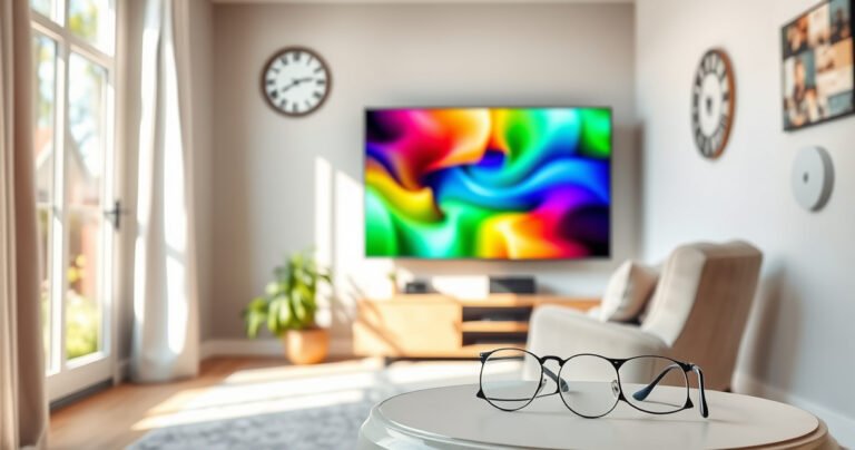 A serene living room bathed in soft, natural light, featuring a cozy armchair and a large TV screen displaying vibrant colors. A clock on the wall shows the passage of time, while a pair of stylish glasses rests on a side table, symbolizing clarity and vision recovery. Gentle greenery peeks through the window, enhancing tranquility.