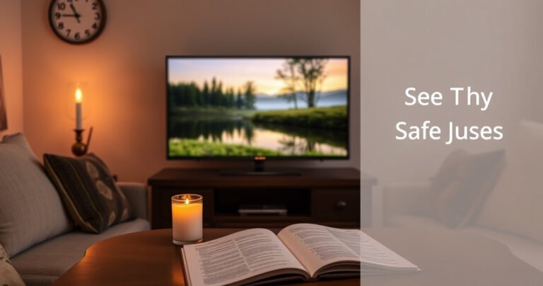 A cozy living room with a glowing television screen displaying a serene nature scene, surrounded by soft cushions and a flickering candle. A clock on the wall shows the time, while an open notebook with tips lies on the coffee table. The warm ambiance invites reflection on safe TV usage amidst the comforting decor.