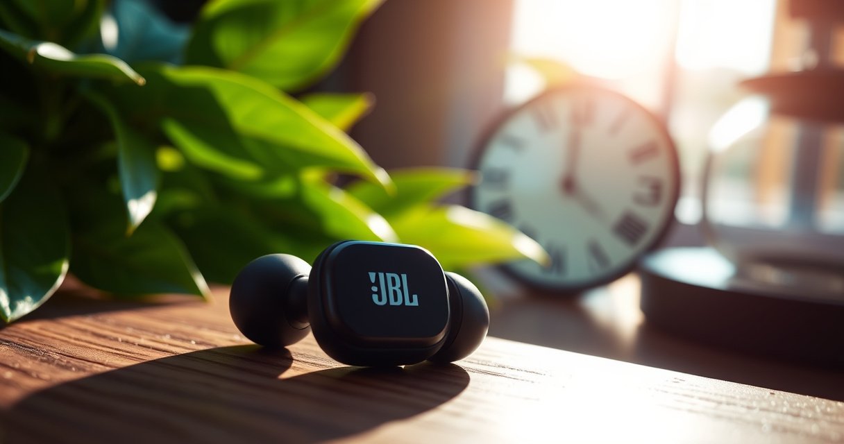 A close-up view of sleek JBL earbuds resting on a wooden surface, with vibrant green leaves in the background, sunlight filtering through, illuminating the earbuds' intricate design. A subtle clock face is faintly visible in the background, symbolizing time and longevity, while a gentle gradient of blue and orange hues adds a modern touch to the scene.
