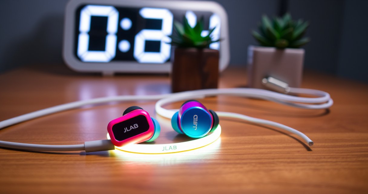 A close-up of vibrant JLab earbuds resting on a sleek wooden surface, surrounded by a glowing charging cable. Soft light highlights the earbuds' modern design, while a digital timer in the background counts down. A potted succulent adds a touch of greenery, symbolizing freshness and innovation in technology.