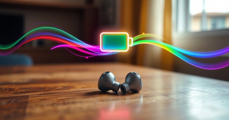 A sleek pair of wireless earbuds resting on a wooden table, with a vibrant battery icon glowing above them. Surrounding the earbuds are swirling, colorful sound waves, symbolizing music and energy. Soft natural light filters through a nearby window, creating a warm, inviting atmosphere that highlights the modern design and technology of the earbuds.