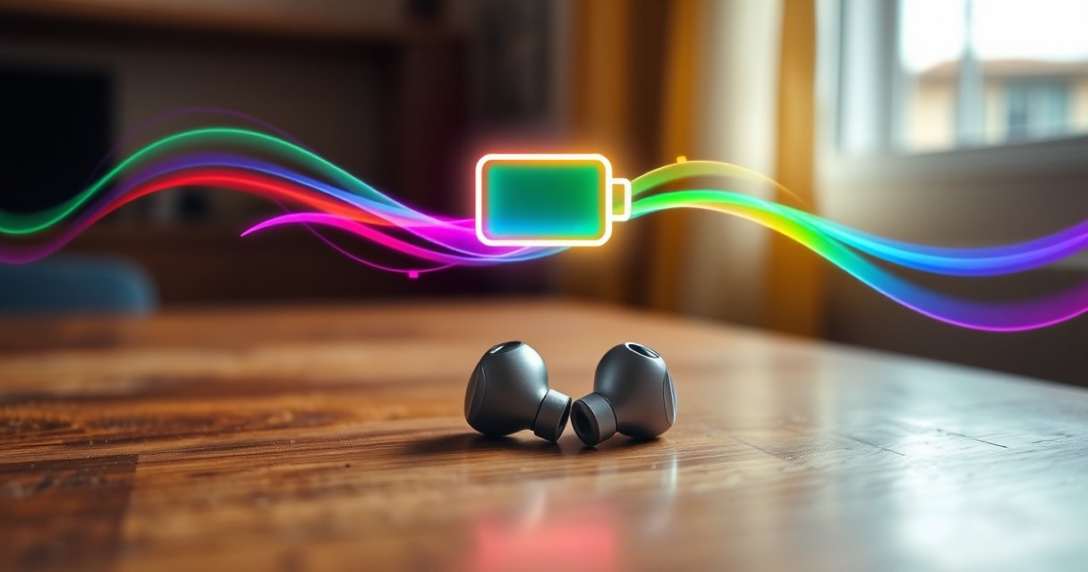 A sleek pair of wireless earbuds resting on a wooden table, with a vibrant battery icon glowing above them. Surrounding the earbuds are swirling, colorful sound waves, symbolizing music and energy. Soft natural light filters through a nearby window, creating a warm, inviting atmosphere that highlights the modern design and technology of the earbuds.