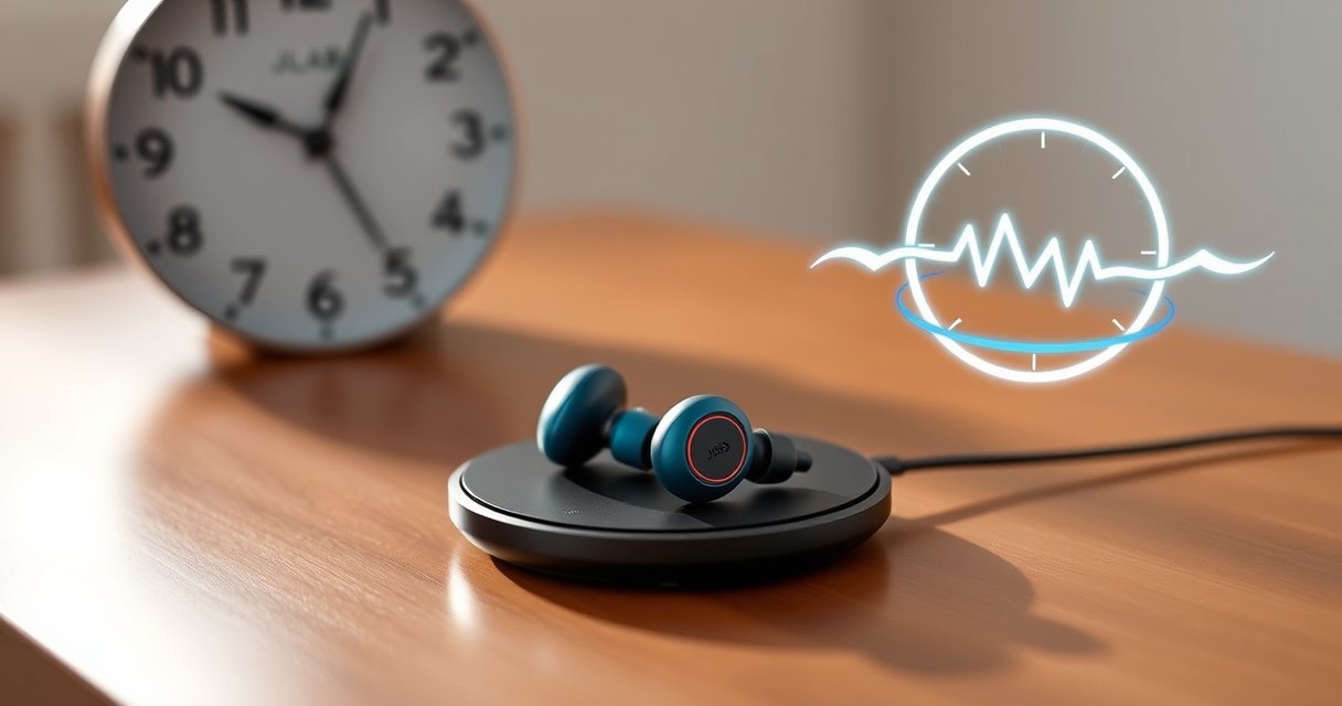 A sleek pair of JLab earbuds resting on a stylish wooden surface, charging on a modern wireless pad. Soft, ambient light highlights their vibrant colors and smooth finish. In the background, a minimalist clock ticks softly, symbolizing the passage of time, while a subtle electric current graphic wraps around the earbuds, suggesting quick charging efficiency.