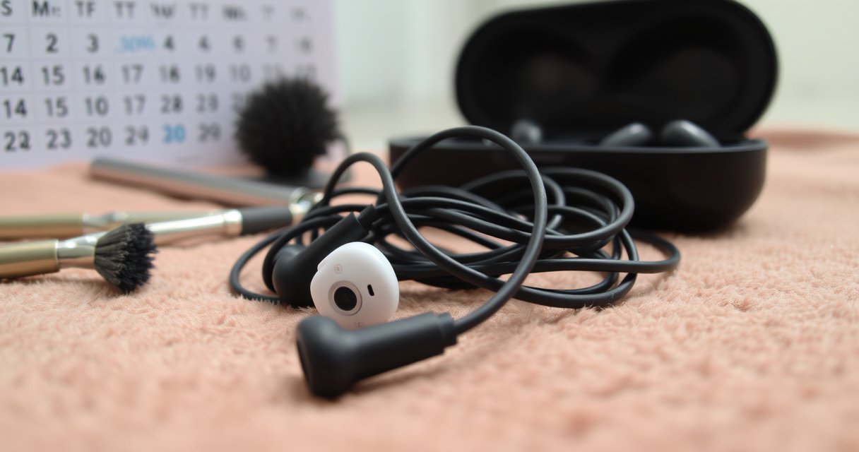 A close-up of a pair of worn, tangled earbuds resting on a soft, cozy fabric, surrounded by small tools like a cleaning brush and a charging case. In the background, a subtle calendar with marked dates symbolizes time, while soft, natural light creates an inviting atmosphere, hinting at care and longevity.