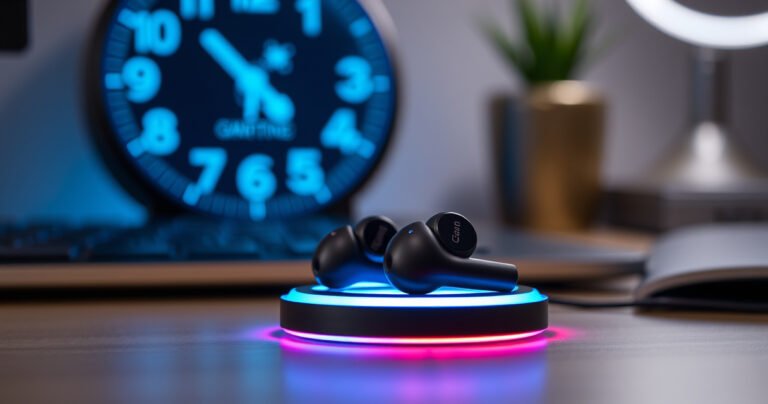 A close-up of sleek JLab earbuds resting on a vibrant charging pad, surrounded by a soft glow of blue LED lights, with a whimsical clock in the background showing various charging times, all set against a modern, minimalistic desk backdrop featuring hints of technology and productivity.