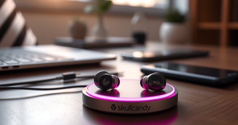 A close-up of sleek Skullcandy earbuds resting on a modern charging pad, glowing softly with vibrant LED indicators. The background features a stylish, minimalist workspace with hints of technology, like a laptop and smartphone. Warm natural light filters through a nearby window, creating an inviting atmosphere that emphasizes convenience and modern lifestyle.