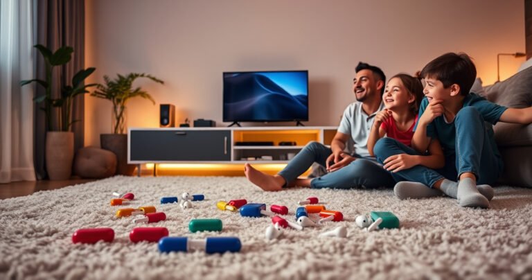 A cozy living room scene featuring a modern Apple TV on a sleek entertainment unit, surrounded by multiple pairs of colorful AirPods scattered on a plush carpet. Soft, ambient lighting casts a warm glow, while a family of three enjoys a movie night, each wearing a pair of AirPods, laughter and joy evident on their faces.