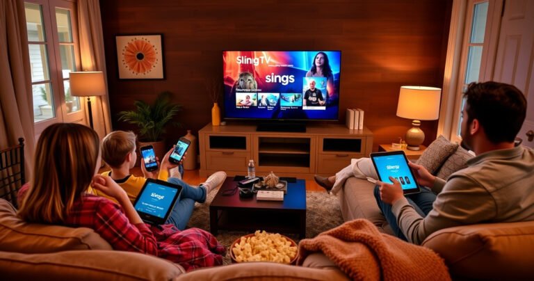 A cozy living room filled with a large TV displaying vibrant Sling TV content, surrounded by various devices like tablets, smartphones, and laptops. A family lounges comfortably on a couch, each engaged with their screens, with a bowl of popcorn and a cozy blanket, all illuminated by warm, inviting lighting.