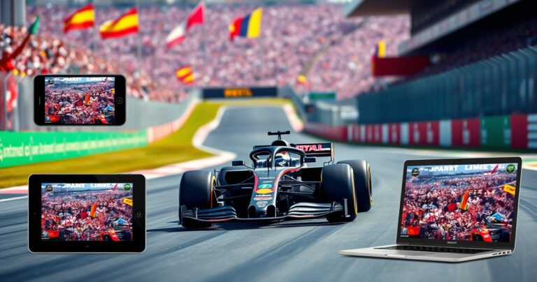 A sleek Formula 1 car racing on a vibrant digital circuit, surrounded by multiple screens displaying live F1 streams. Each screen shows a different device: a smartphone, tablet, smart TV, and laptop. The background is a blurred crowd at a grand prix, capturing the excitement and speed of the race, with colorful flags waving.