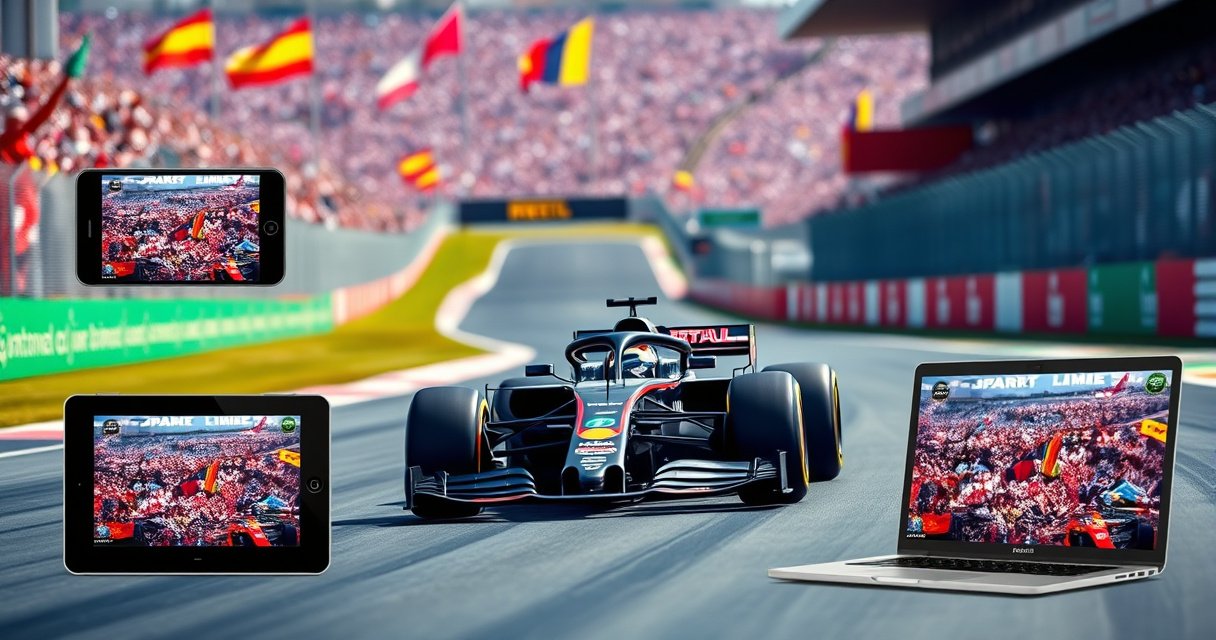 A sleek Formula 1 car racing on a vibrant digital circuit, surrounded by multiple screens displaying live F1 streams. Each screen shows a different device: a smartphone, tablet, smart TV, and laptop. The background is a blurred crowd at a grand prix, capturing the excitement and speed of the race, with colorful flags waving.