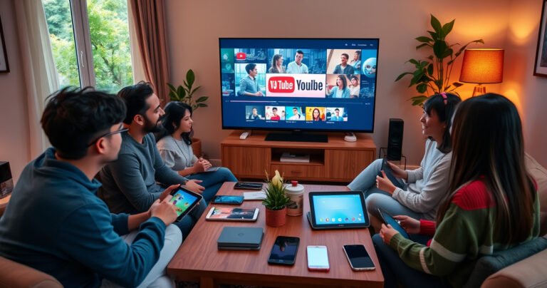 A cozy living room scene with a diverse family gathered around a large screen, watching YouTube TV. Various devices like tablets and smartphones scattered on the coffee table. Lush greenery outside the window and warm lighting create a welcoming atmosphere, showcasing the joy of shared entertainment across multiple screens.