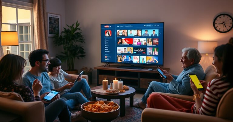 A cozy living room filled with a diverse family of five, each engaged with their own devices, surrounded by snacks and laughter. A large TV displays the YouTube TV interface, showcasing multiple user profiles. Soft lighting casts a warm glow, highlighting the joy and connection as they enjoy their favorite shows together.