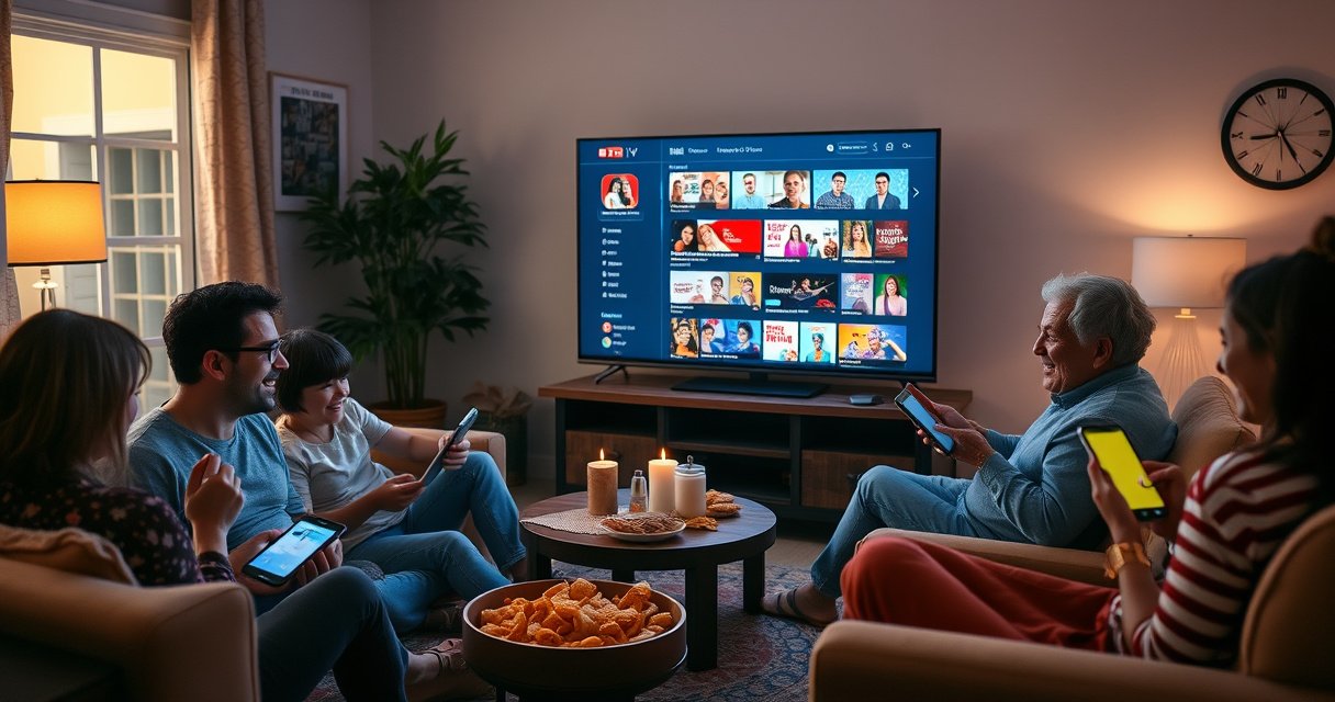 A cozy living room filled with a diverse family of five, each engaged with their own devices, surrounded by snacks and laughter. A large TV displays the YouTube TV interface, showcasing multiple user profiles. Soft lighting casts a warm glow, highlighting the joy and connection as they enjoy their favorite shows together.