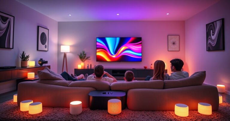 A cozy living room scene featuring a sleek Apple TV and multiple HomePods scattered around, glowing softly. The walls are adorned with modern art, and a plush sofa faces a large screen displaying vibrant colors. Ambient lighting creates a warm atmosphere, while a family enjoys a movie night, surrounded by futuristic technology and comfort.