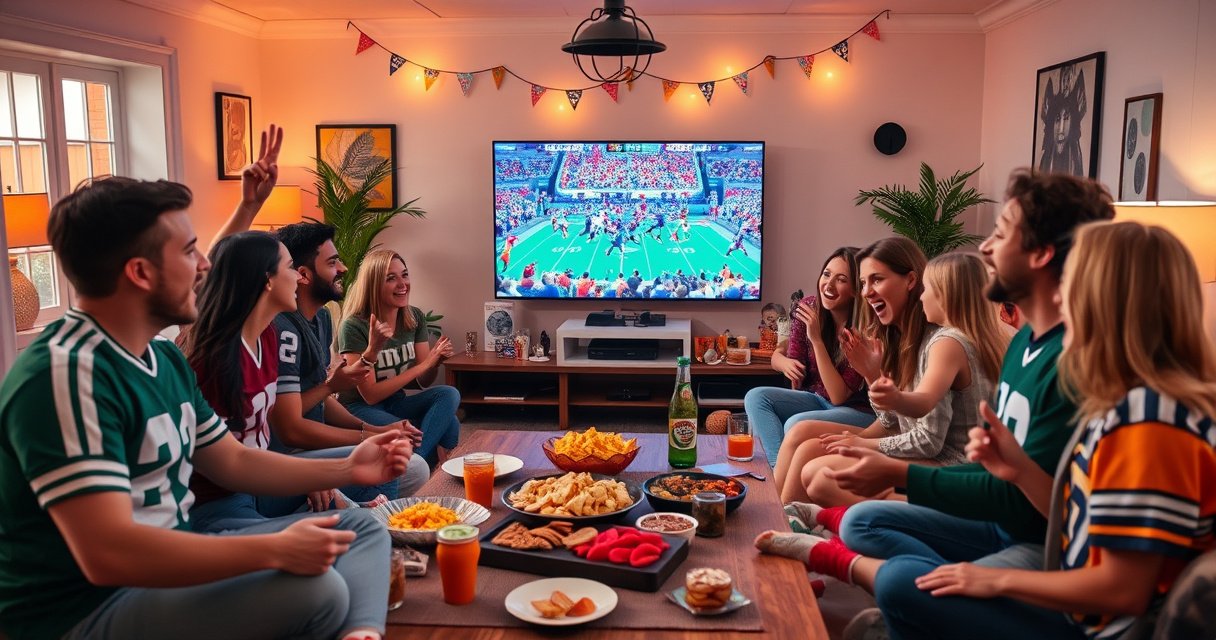 A lively living room filled with excited friends gathered around a large TV, colorful snacks on the table, football-themed decorations, everyone wearing jerseys, the screen displaying a thrilling game, vibrant cheers and laughter filling the air, warm ambient lighting creating a cozy atmosphere, showcasing camaraderie and the excitement of streaming sports together.