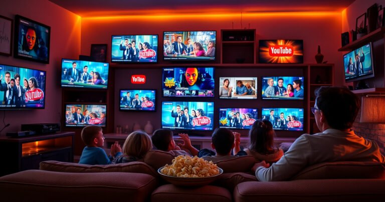 A cozy living room filled with various screens displaying YouTube TV, showing a vibrant mix of colorful shows and movies. Soft ambient lighting casts a warm glow, while family members lounge on a plush sofa, engrossed in different screens. A bowl of popcorn sits nearby, adding to the inviting atmosphere of shared entertainment.