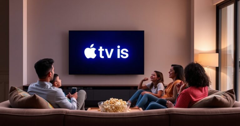 A sleek, modern living room featuring a large flat-screen TV displaying the Apple TV Plus logo. A diverse family of four, comfortably seated on a plush couch, joyfully engaging with the screen. Soft ambient lighting, popcorn on the coffee table, and colorful throw pillows create a warm, inviting atmosphere, highlighting the shared experience of streaming together.