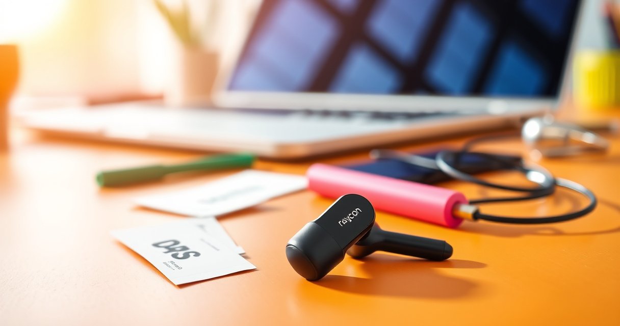 A stylish close-up of sleek Raycon earbuds resting on a vibrant, modern desk, surrounded by colorful tech accessories and a laptop. Soft natural light highlights the earbuds' design, while a blurred price tag floats nearby, inviting curiosity about their affordability. The scene conveys a blend of luxury and accessibility in personal audio technology.