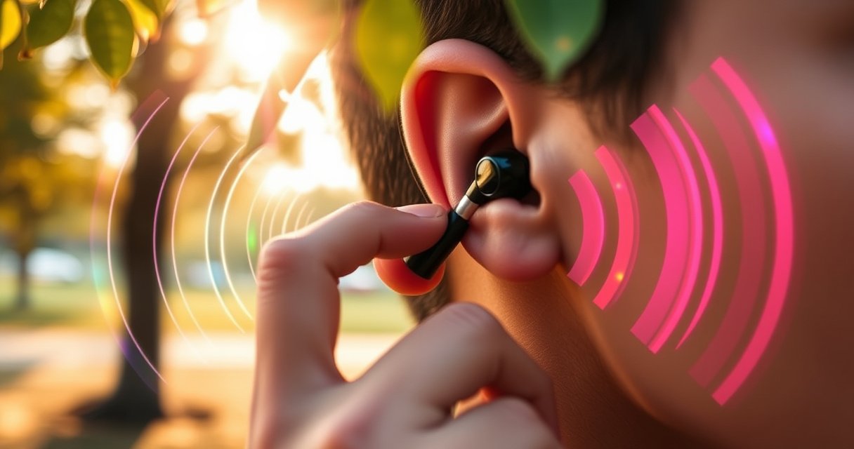 A close-up of a person inserting stylish, wireless earbuds into their ears, surrounded by vibrant, abstract sound waves radiating outward. The background features a serene, softly blurred park scene, highlighting a sense of comfort and immersion in music. Warm sunlight filters through leaves, casting gentle reflections on the earbuds, emphasizing their sleek design and perfect fit.