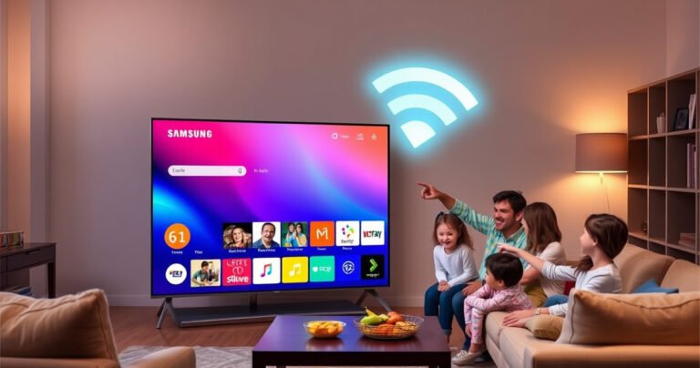 A sleek Samsung Smart TV displaying a vibrant, colorful interface of streaming apps, with a cozy living room backdrop featuring plush couches, ambient lighting, and a coffee table with snacks. A family happily gathers around, pointing at the screen, while a glowing Wi-Fi symbol hovers above, symbolizing internet connectivity in a modern home.