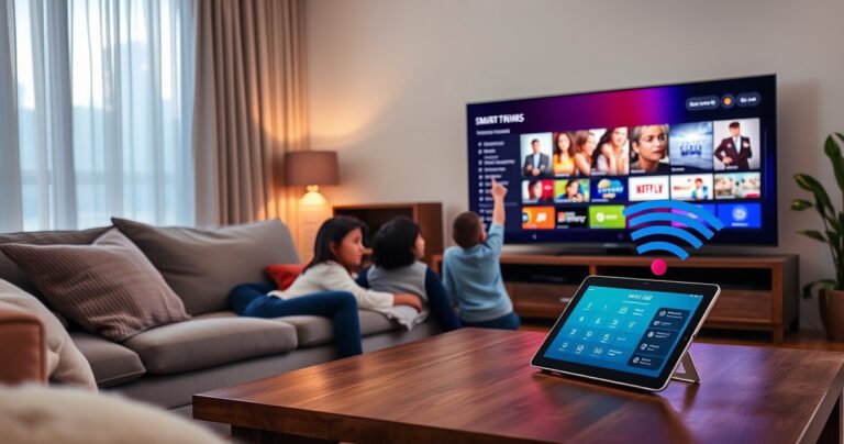 A cozy living room with a sleek smart TV displaying vibrant streaming options, a family gathered on a plush sofa, eagerly pointing at the screen. Soft ambient lighting casts a warm glow, and a digital tablet is open on the coffee table, illustrating an easy-to-follow guide, while colorful Wi-Fi signals radiate from the TV.