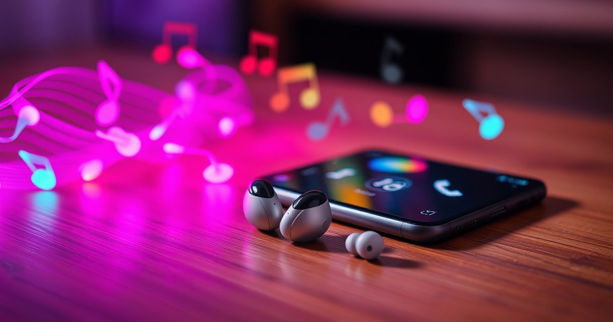 A close-up scene of sleek wireless earbuds resting on a wooden table, surrounded by vibrant music notes swirling in the air, with a smartphone beside them displaying a colorful setup screen, illuminated by soft ambient lighting that creates a cozy and tech-savvy atmosphere.
