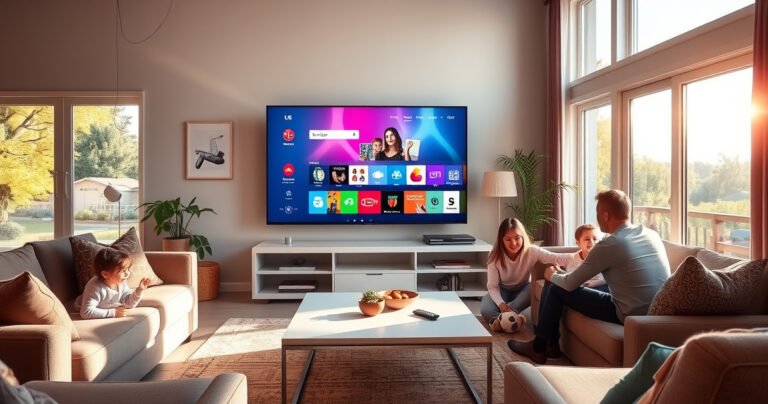 A bright living room showcasing an LG Smart TV displaying a colorful app store interface, surrounded by cozy furniture, a sleek coffee table with a remote, and a family eagerly engaging with the TV, sunlight streaming through large windows, creating a warm, inviting atmosphere perfect for exploring apps and entertainment.